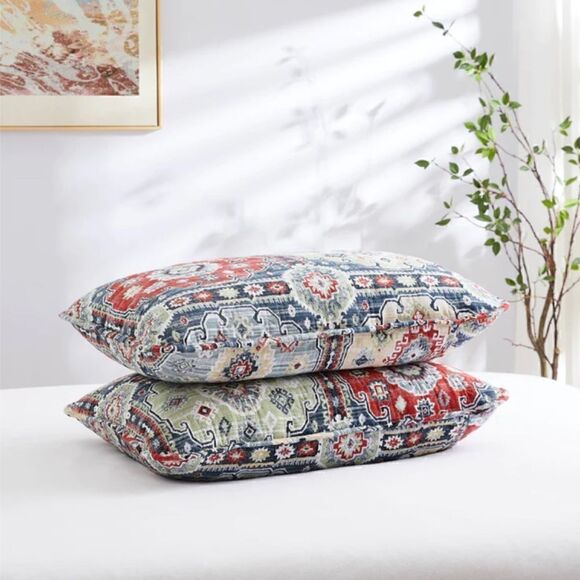 NEW! Gorgeous Batik Style Bohemian Print Muted Block Oversized QUEEN Quilt Set - Picture 5 of 8